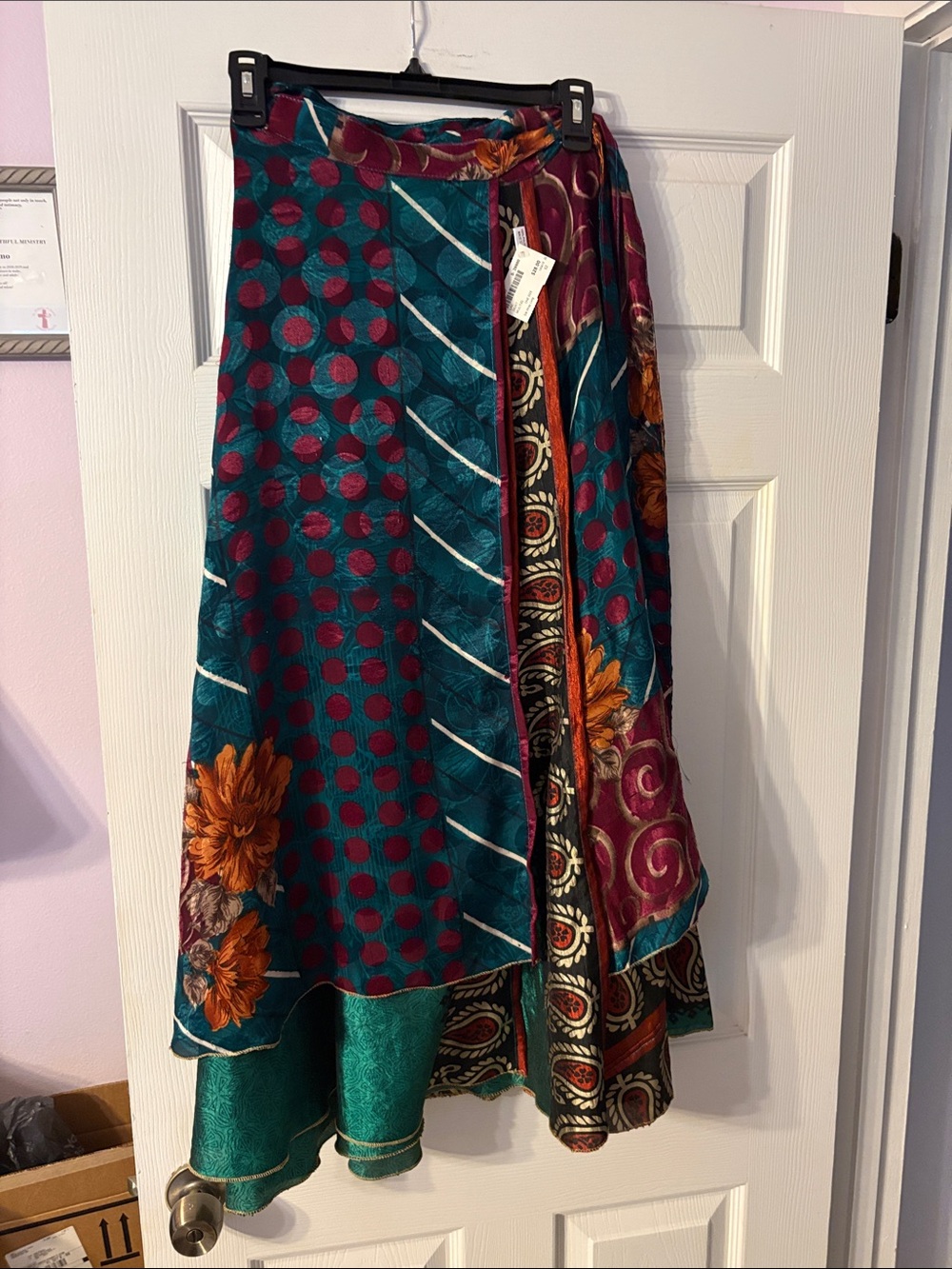 Teal and Burgundy Floral-Panel Maxi Skirt